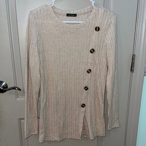 Cream Ribbed Long Sleeve Top with Button Detail